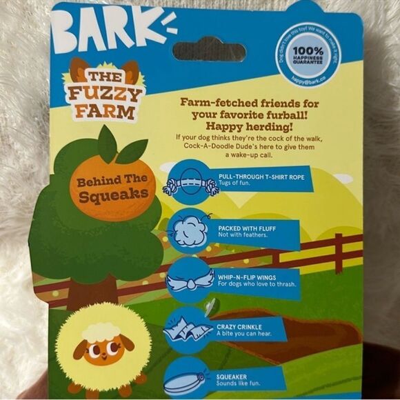 BARK 4.25” Classic Fuzzy Squeaky White Brown Gold Farm Rooster Plush Dog Toy - Picture 7 of 11